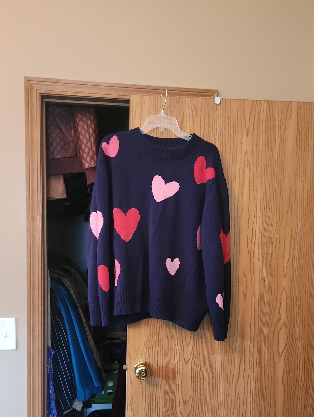 St. John's Bay Navy Crewneck Sweater with Pink and Red Hearts